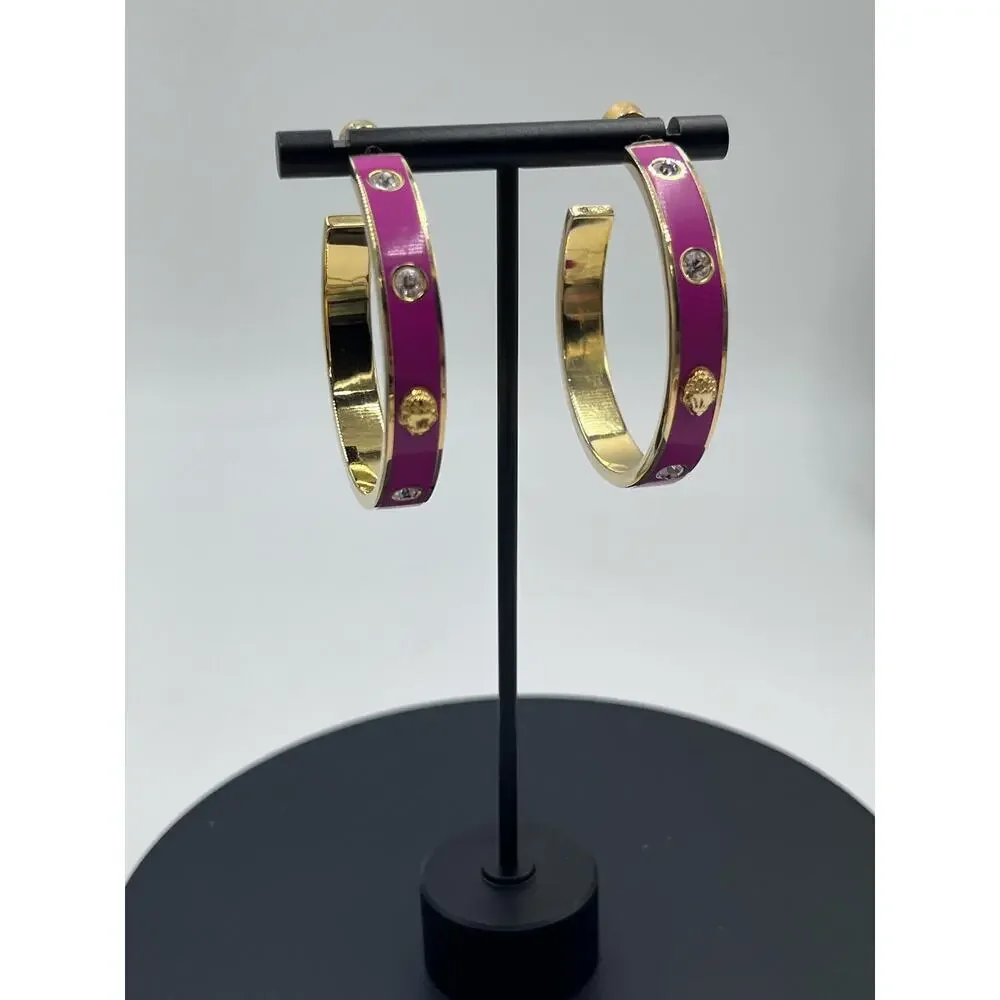 Kurt Geiger‎ Signed Fuchsia Enamel Eagle & Crystal Hoop Post Earrings